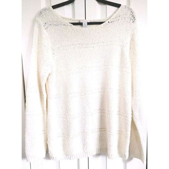 Chico's 1 Sweater Ivory Cable Knit Clear Beads Silver Filaments Mix Material - Picture 1 of 6